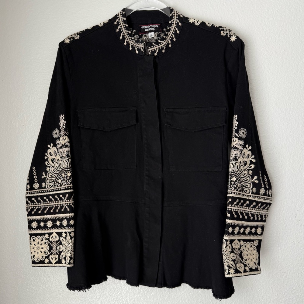 Johnny Was Workshop Marik Black Embroidered Peplum Military Jacket Raw Hem Small - Picture 3 of 14